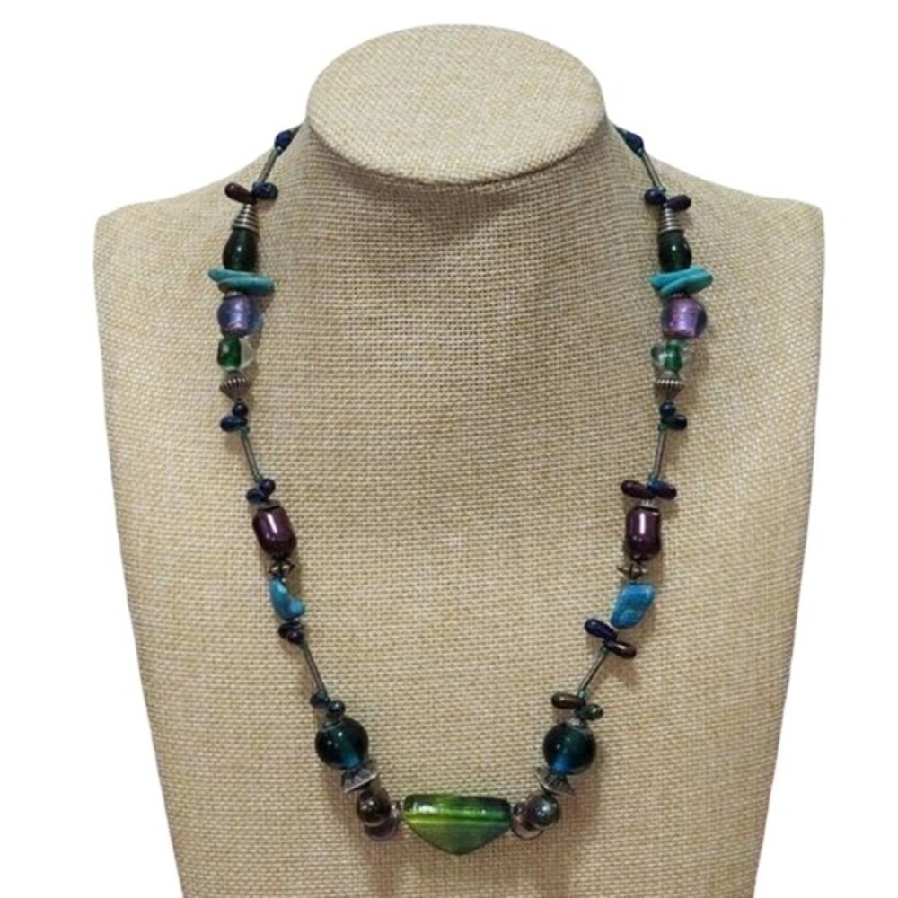 Treska Gypsy Artisan Glass Stone Beaded Necklace Greenβ Turquoise Purple